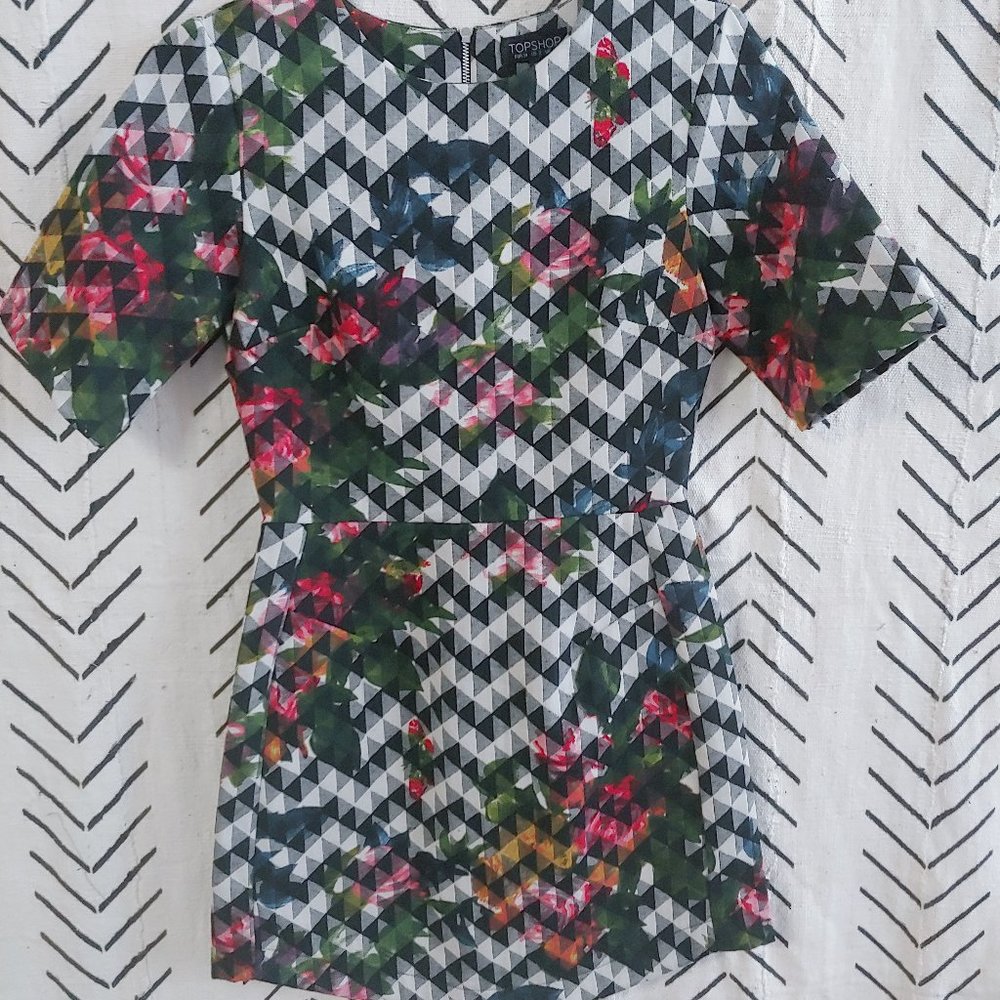 Sz 2 herringbone multicolor floral A-line dress
